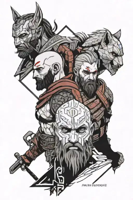 A mashup of characters (Kratos,Geralt, Joel from Last of Us) from your favorite video games in a norse mythology setting tattoo design idea