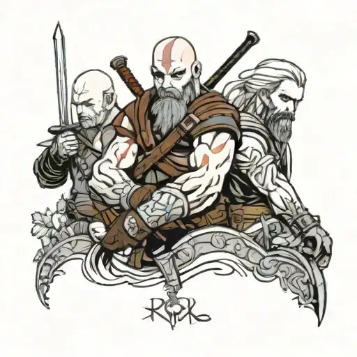 A mashup of characters (Kratos,Geralt, Joel from Last of Us) from your favorite video games in a norse mythology setting tattoo design idea
