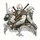 A mashup of characters (Kratos,Geralt, Joel from Last of Us) from your favorite video games in a norse mythology setting tattoo design idea