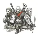 A mashup of characters (Kratos,Geralt, Joel from Last of Us) from your favorite video games in a norse mythology setting tattoo design idea