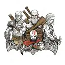 A mashup of characters (Kratos,Geralt, Joel from Last of Us) from your favorite video games in a norse mythology setting tattoo design idea