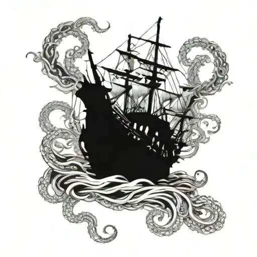 A kraken emerging from the depths, wrapping its tentacles around a ship in a fierce battle tattoo design idea