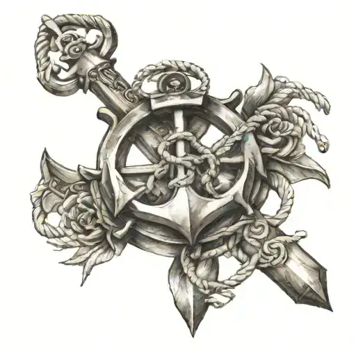 An intricate anchor design intertwined with rope and adorned with nautical symbols tattoo design idea