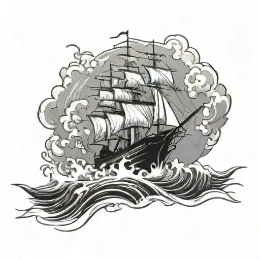 A majestic ship sailing through stormy seas, with crashing waves and dark clouds overhead tattoo design idea
