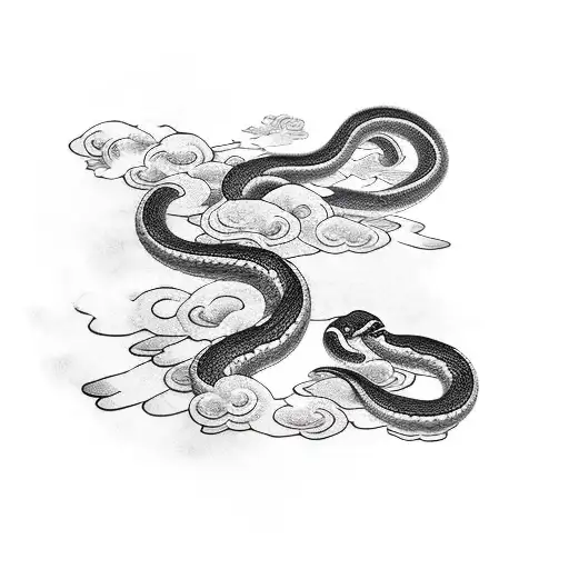 treasuring japanese black and grey snake with japanese clouds tattoo design idea