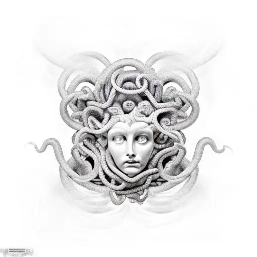 medusa head inside a rectangle semi realistic with not so much thin lines tattoo design idea