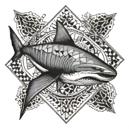 An intricate tattoo design of a diamond-shaped shark surrounded by geometric patterns, reflecting the client's fascination with sharks and diamonds tattoo design idea