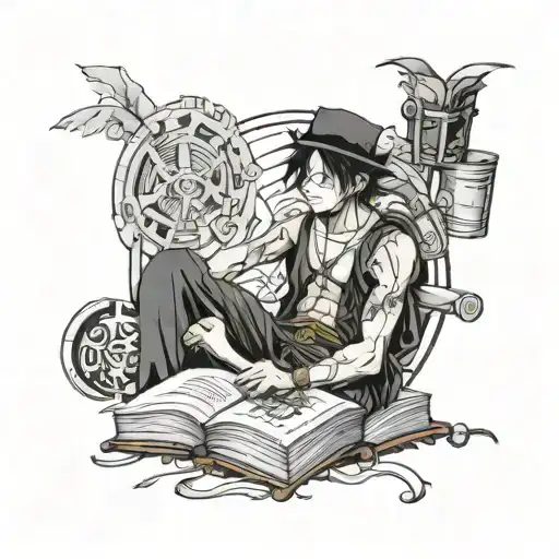 An intricate blackwork tattoo of Ruffy from One Piece in a scholarly pose, surrounded by academic symbols like books and scrolls tattoo design idea