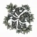 A minimalist design of children holding hands in a circle, surrounded by ivy leaves and jade plants tattoo design idea