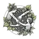 A minimalist design of children holding hands in a circle, surrounded by ivy leaves and jade plants tattoo design idea