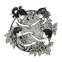 A minimalist design of children holding hands in a circle, surrounded by ivy leaves and jade plants tattoo design idea