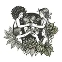 A minimalist design of children holding hands in a circle, surrounded by ivy leaves and jade plants tattoo design idea