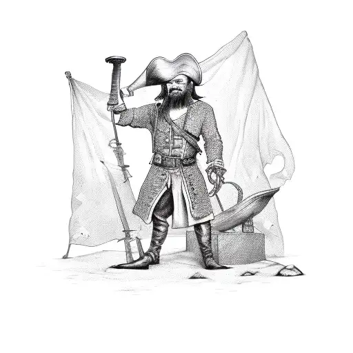 peg leg pirate standing on a treasure chest tattoo design idea