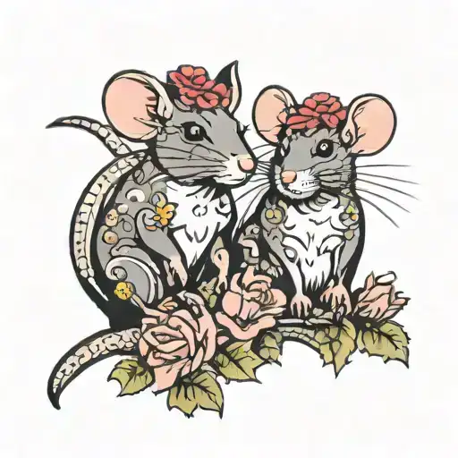 rats with flowers tattoo design idea