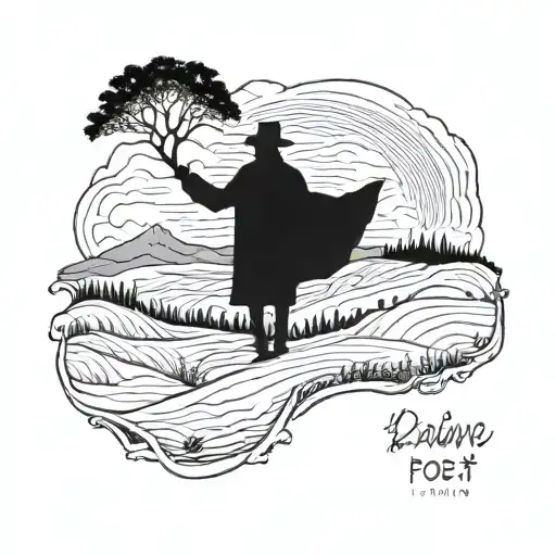 A silhouette of a lone poet standing on a hill, with words from their favorite poem floating in the wind tattoo design idea