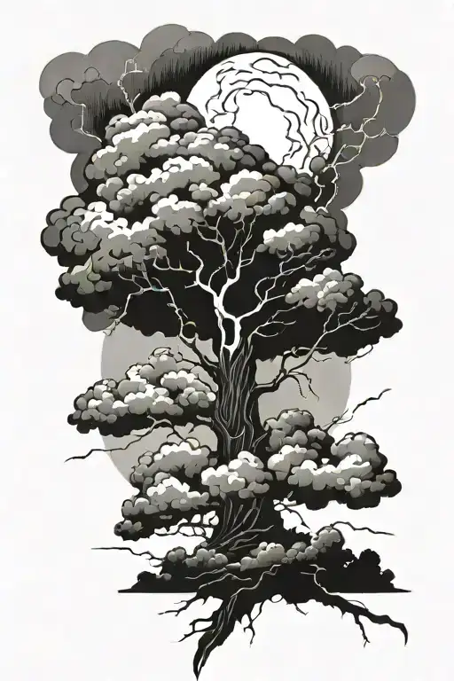 a huge lightning getting out of clouds and hitting a big  tree   tattoo design idea