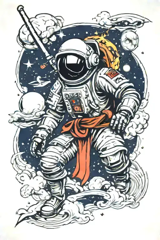 samurai astronaut floating in space tattoo design idea
