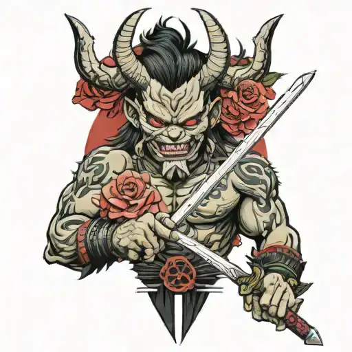 Oni and roses with a katana through the middle  tattoo design idea