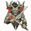 Oni and roses with a katana through the middle  tattoo design idea