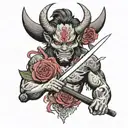 Oni and roses with a katana through the middle  tattoo design idea