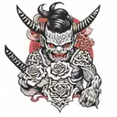 Oni and roses with a katana through the middle  tattoo design idea
