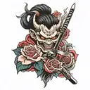 Oni and roses with a katana through the middle  tattoo design idea