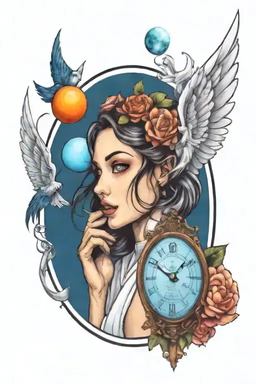 girl, angel, planets, time running tattoo design idea