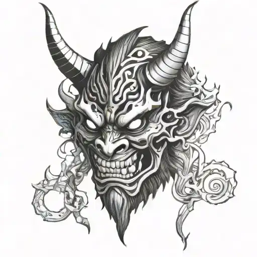A dark oni demon mask with a subtle incorporation of the backwards 5 symbolizing self tattoo design idea