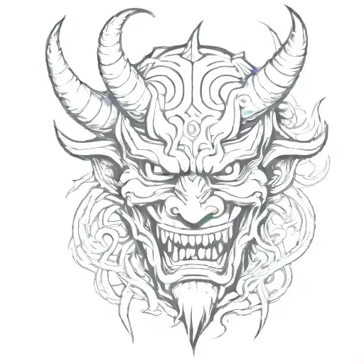 An abstract interpretation of the oni demon mask and the backwards 5 symbol in a sketch style tattoo design idea