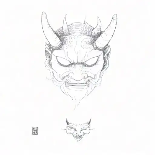 three japanese demon masks stacked fading in top mask has a backwards 5 on its forehead to symbolize self lots of shadow tattoo design idea