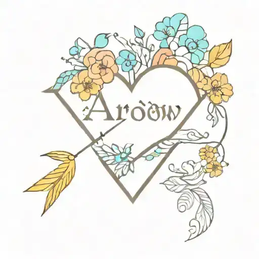 A new-school tattoo of a heart-shaped arrow with the name Arrow inside, surrounded by colorful flowers and the silhouette of a mother and son holding hands tattoo design idea