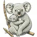 A mother koala holding her baby koala in a loving embrace, with the baby koala holding an arrow in its paw as a symbol of remembrance tattoo design idea
