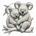 A mother koala holding her baby koala in a loving embrace, with the baby koala holding an arrow in its paw as a symbol of remembrance tattoo design idea