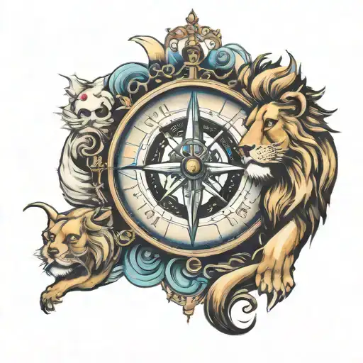 compass, clock, ocean, lion  tattoo design idea