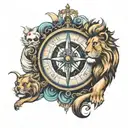 compass, clock, ocean, lion  tattoo design idea