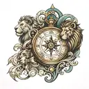 compass, clock, ocean, lion  tattoo design idea