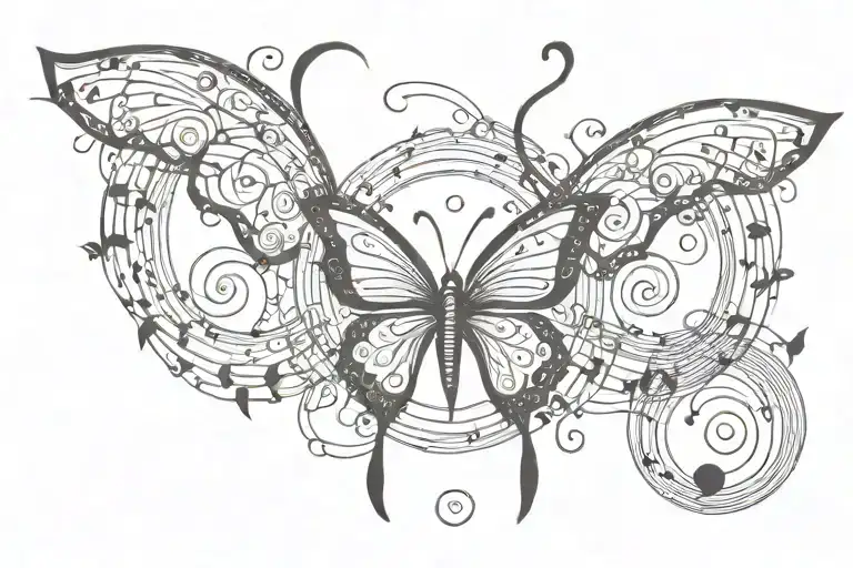 sun butterfly music note intertwined tattoo design idea