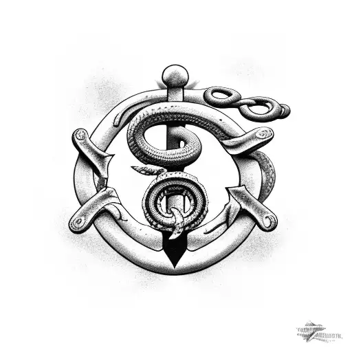 A black-grey tattoo of a navy anchor intertwined with a snake, symbolizing the client's occupation in the navy and love for snakes tattoo design idea