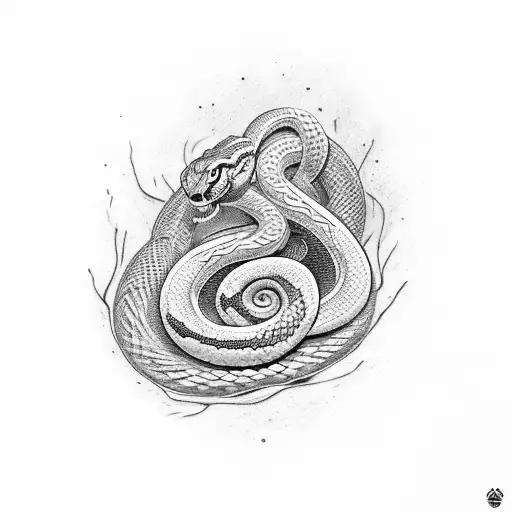 An intricate dotwork tattoo of a snake coiled around a rifle, symbolizing the client's love for shooting and snakes tattoo design idea