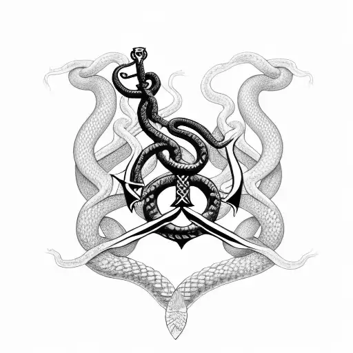 A black-grey tattoo of a navy anchor intertwined with a snake, symbolizing the client's occupation in the navy and love for snakes tattoo design idea