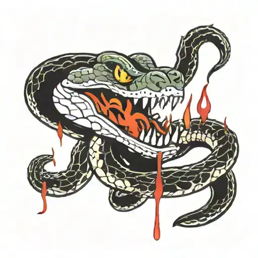  snake dripping blood from open mouth in fire tattoo design idea