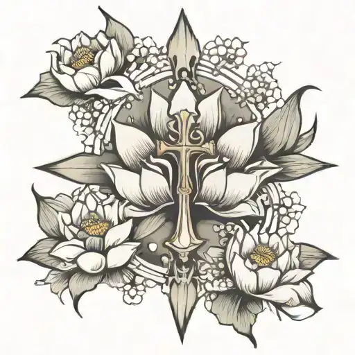 cross with lotus flower tattoo design idea