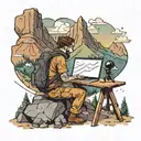 A software developer coding on a laptop while sitting on a mountain peak with a telescope beside them tattoo design idea