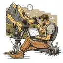 A software developer coding on a laptop while sitting on a mountain peak with a telescope beside them tattoo design idea