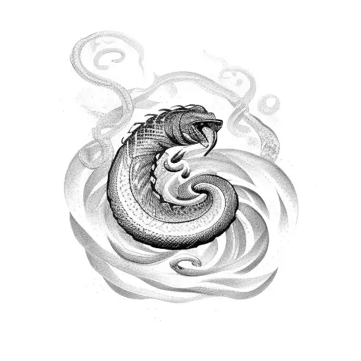 A dotwork tattoo of a cobra coiled around an Aquarius symbol, with waves and seashells in the background tattoo design idea