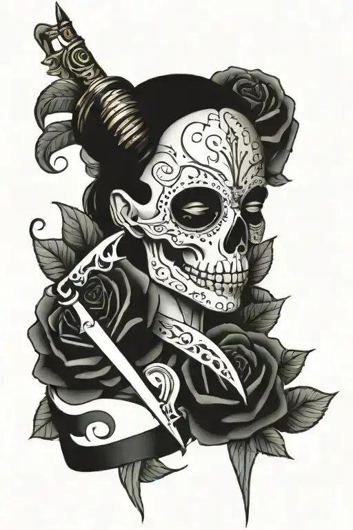 aries skull and rose and stiletto knife tattoo design idea