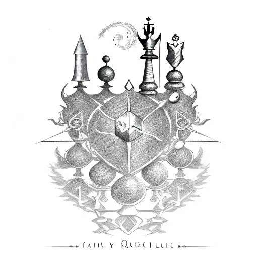 family tree, King chess piece and 3 queens, bow shooting arrow, small dragon, solar system tattoo design idea