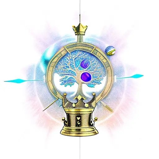 tree, King chess piece and 3 queens, bow shooting arrow, small dragon, solar system tattoo design idea