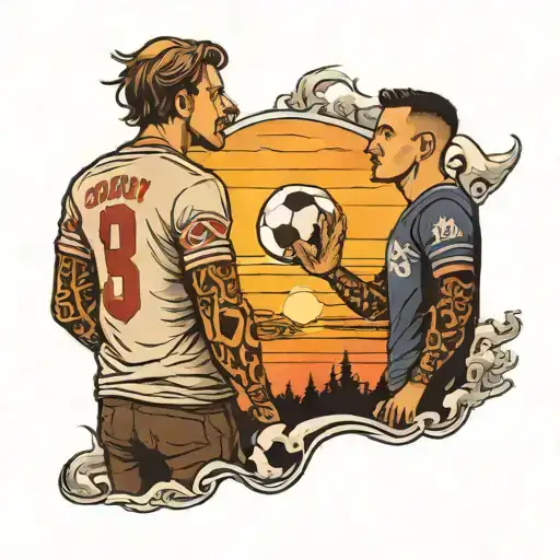 two guys whit fooball shirt facing a sunset tattoo design idea