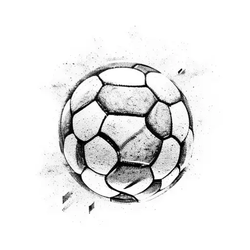 An abstract black-grey tattoo of a soccer ball breaking through a brick wall symbolizing determination and perseverance tattoo design idea